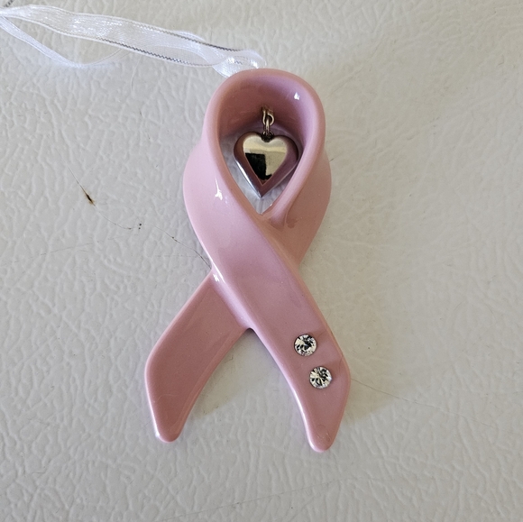Breast Cancer Awareness Pink Ribbon Christmas Ornament With dangling heart - Picture 2 of 5